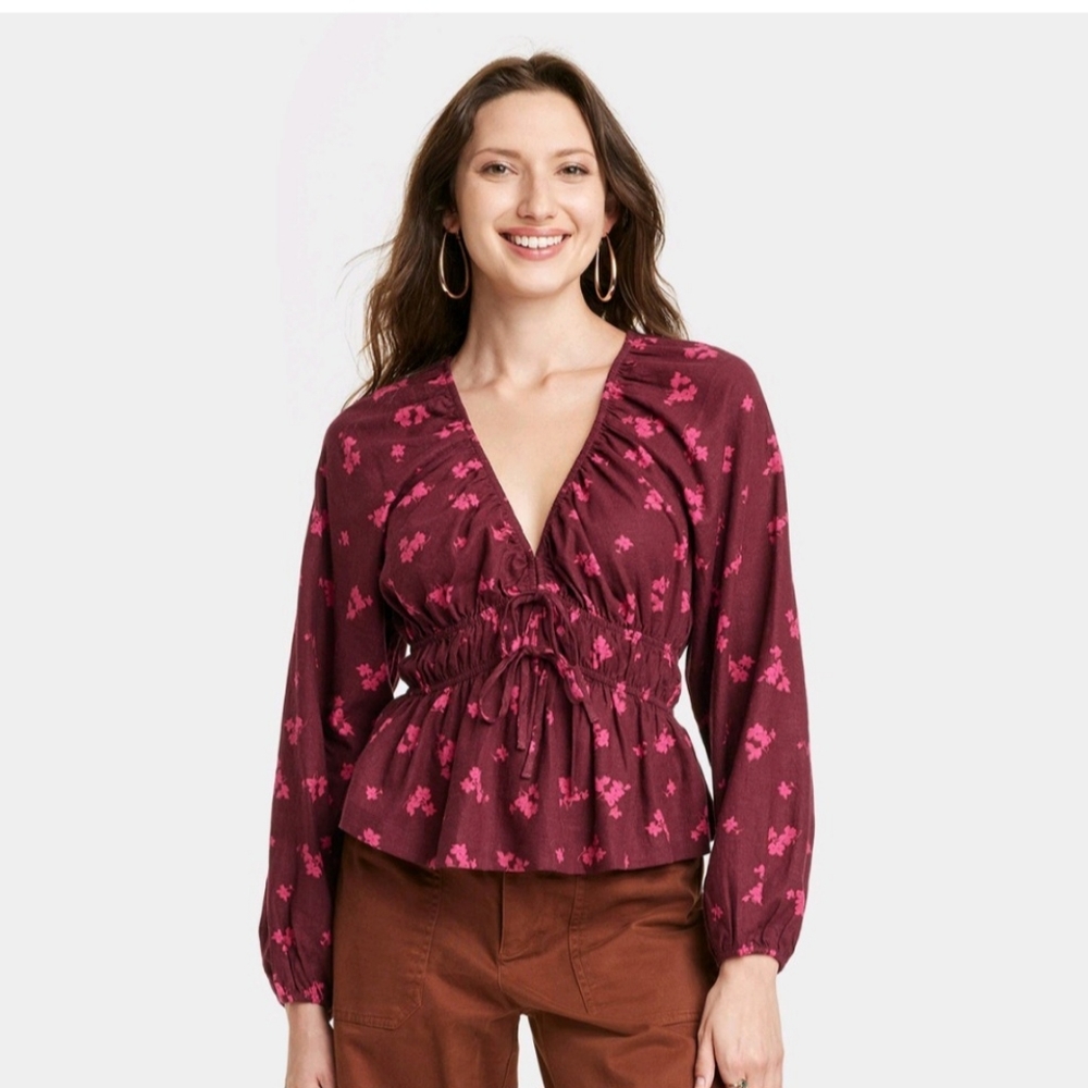 Universal Thread long  puffed sleeve linen blouse floral empire waist Medium